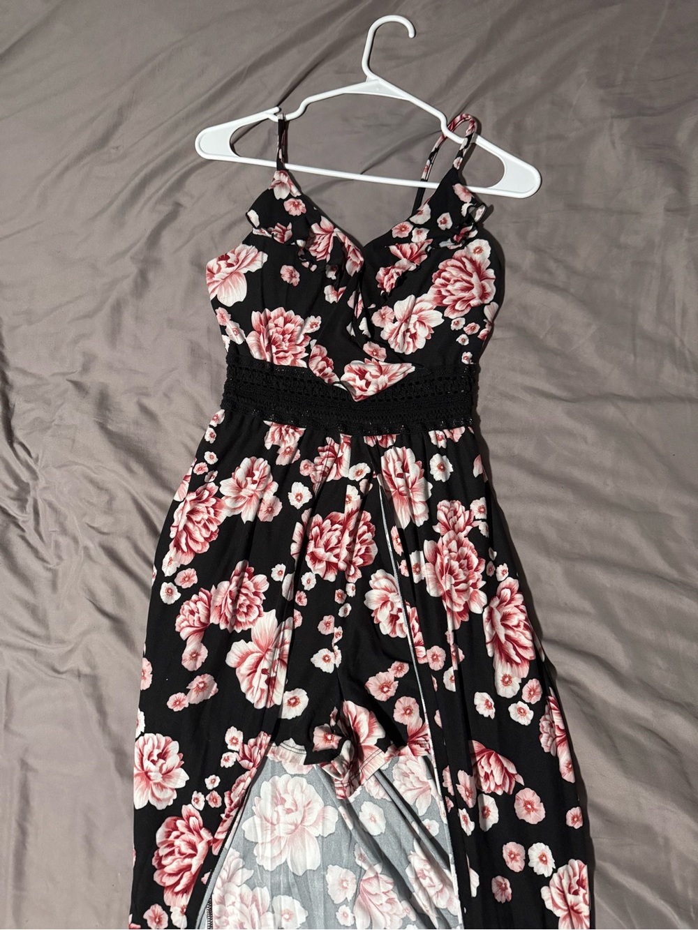 No Boundaries Black Floral High-Low Dress with Rose Pink Blooms